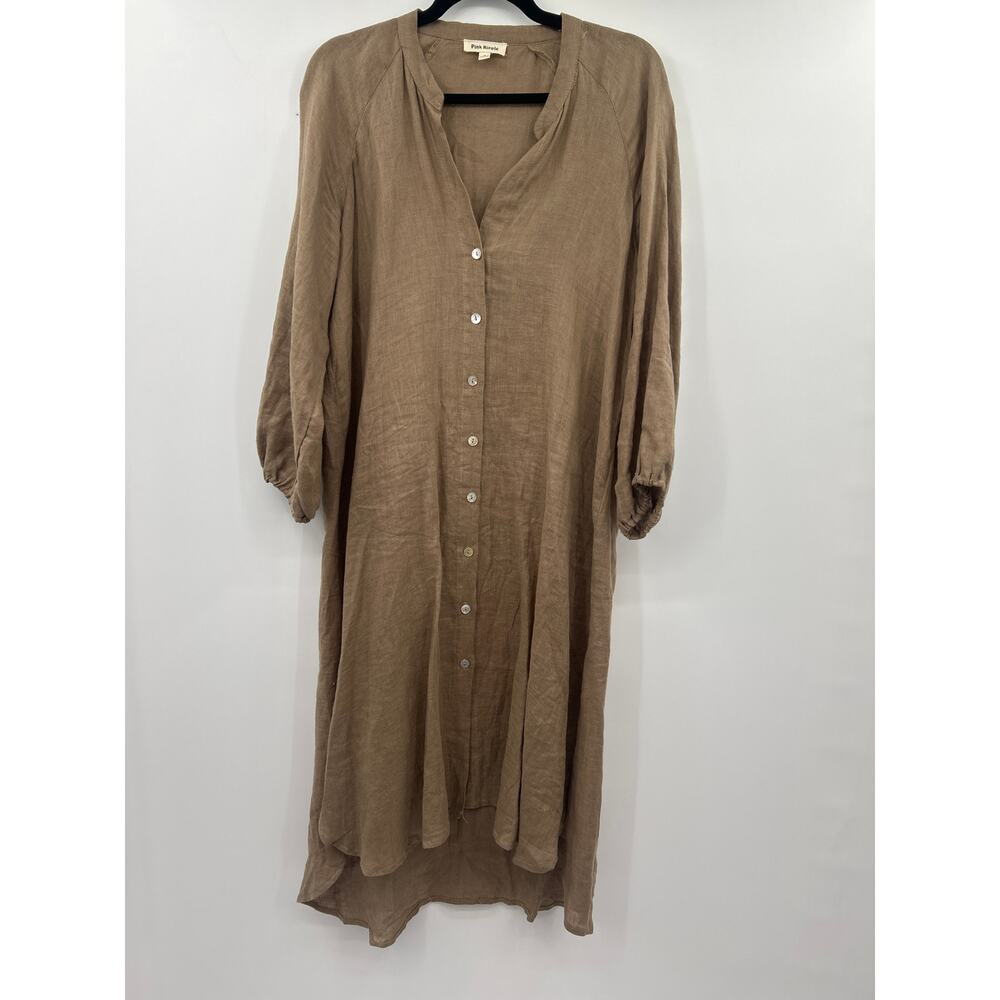 Pink Ripple Women’s Midi Shirt Dress Boho Flowy Button Front Tan Size M